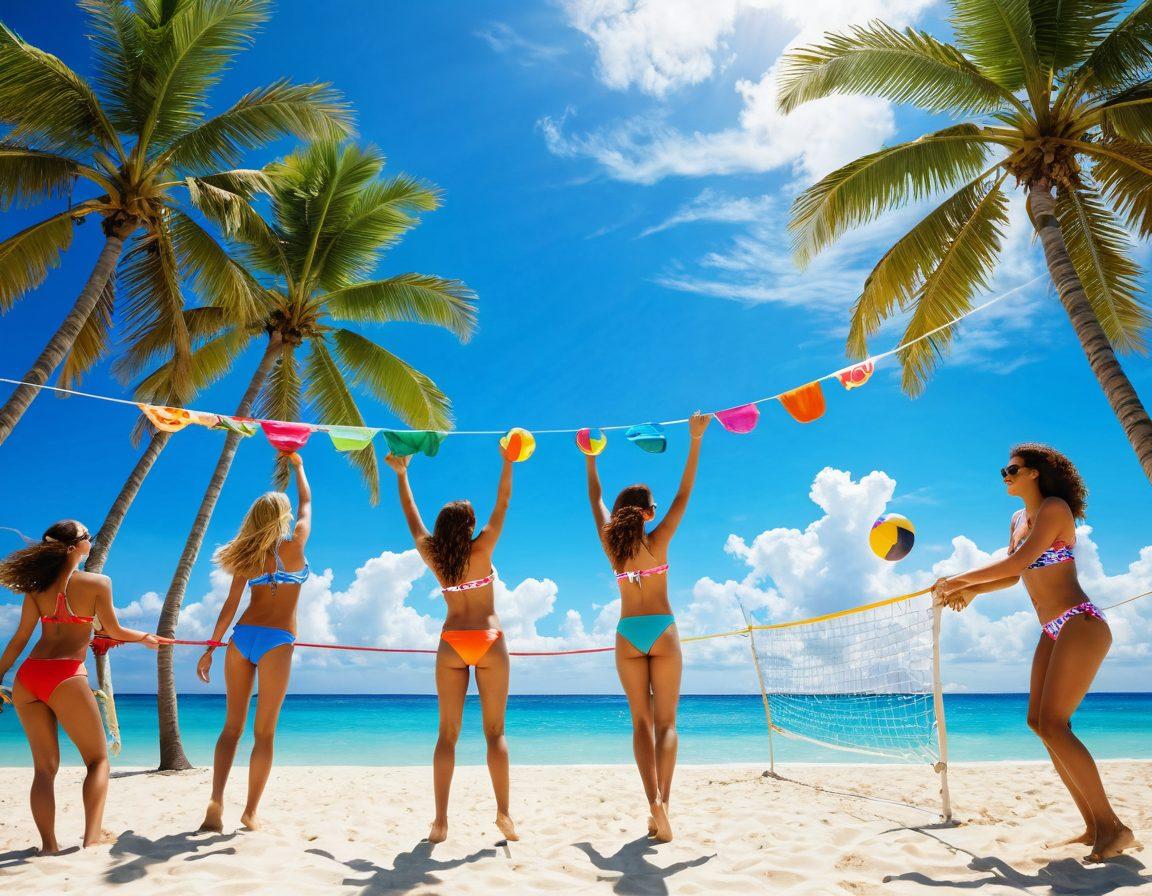 A picturesque beach scene with sun-kissed shores, colorful bikinis hanging on a vibrant clothesline fluttering in the breeze. Show a diverse group of friends joyfully playing beach volleyball, while sunbathers relax with stylish sunglasses and tropical drinks. Include palm trees swaying in the background and a bright blue sky adorned with fluffy white clouds. Illustrate the essence of summer fashion and fun. super-realistic. vibrant colors. 3D.